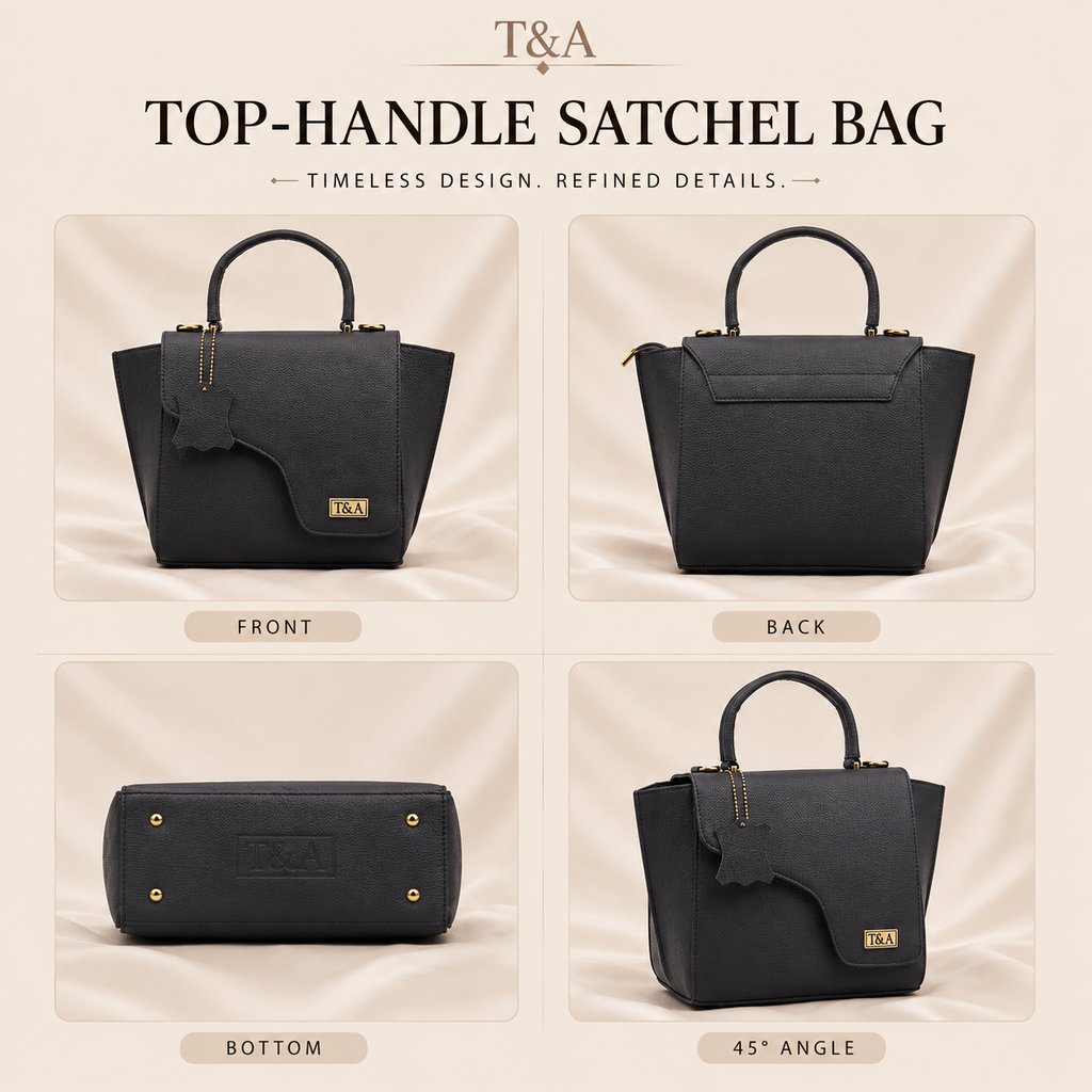 T&A Genuine Leather Top Handle Satchel | Midnight Black |