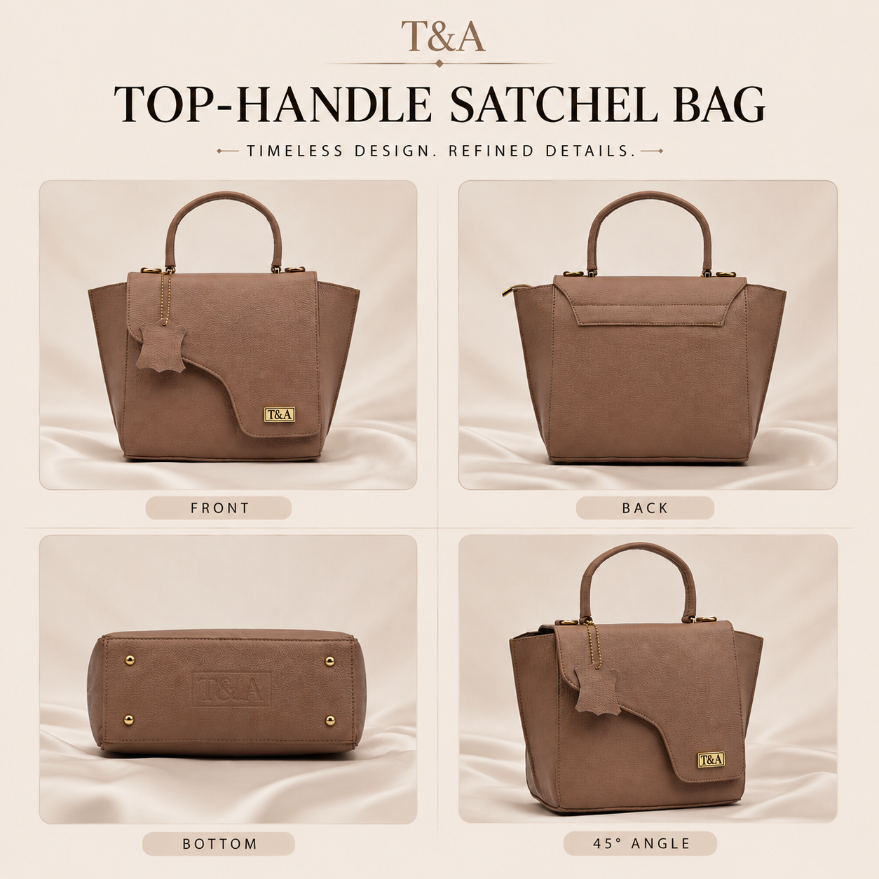 T&A Genuine Leather Top Handle Satchel | Warm Beige |