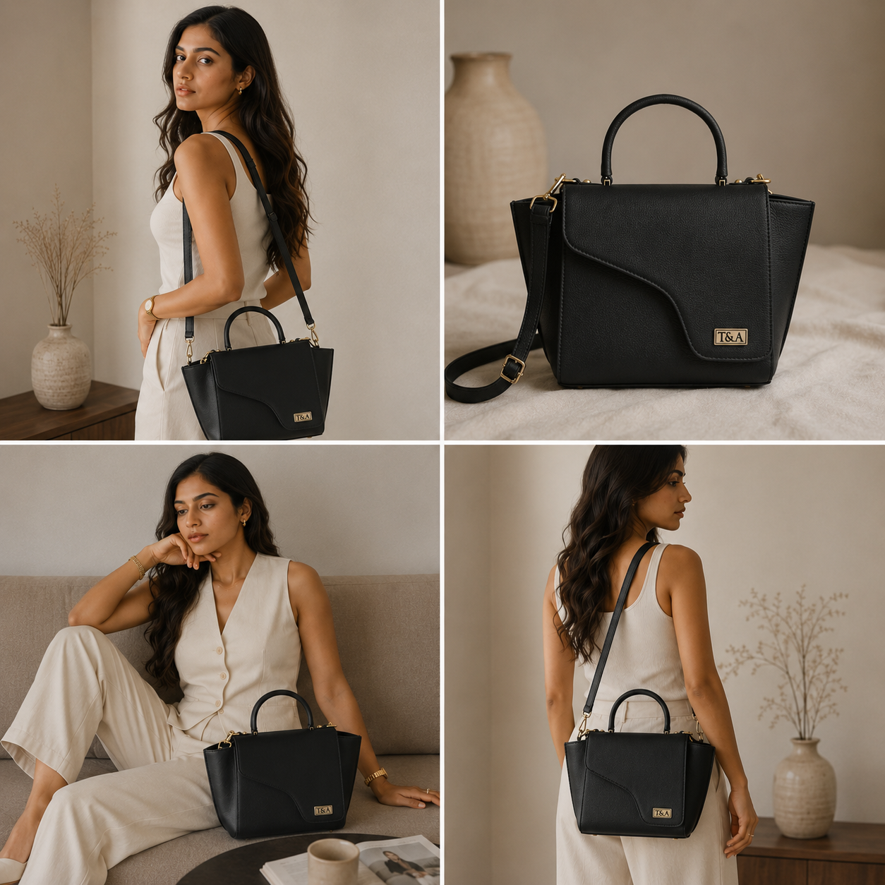 T&A Genuine Leather Top Handle Satchel | Midnight Black |
