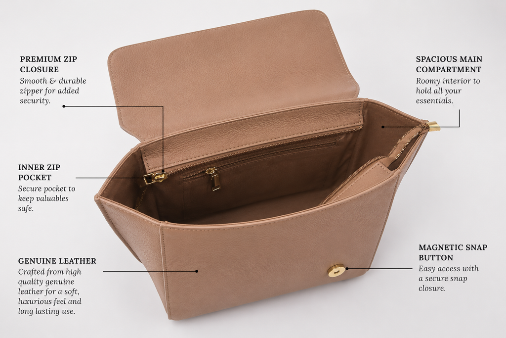 T&A Genuine Leather Top Handle Satchel | Warm Beige |