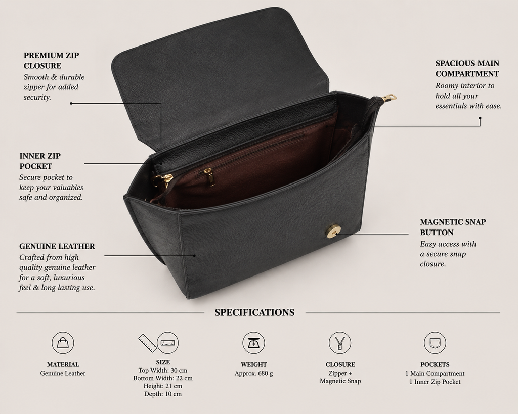 T&A Genuine Leather Top Handle Satchel | Midnight Black |
