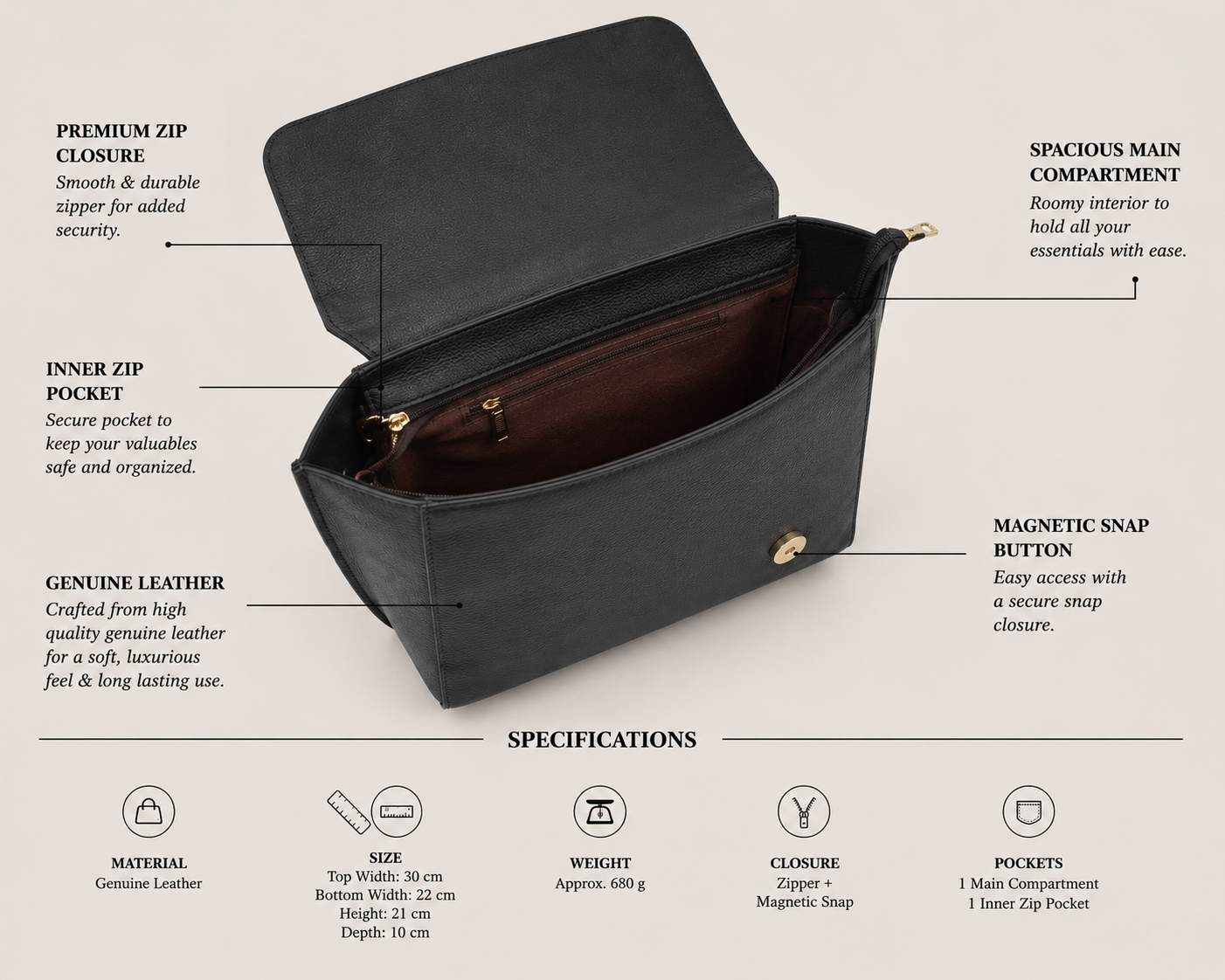 T&A Genuine Leather Top Handle Satchel | Midnight Black |