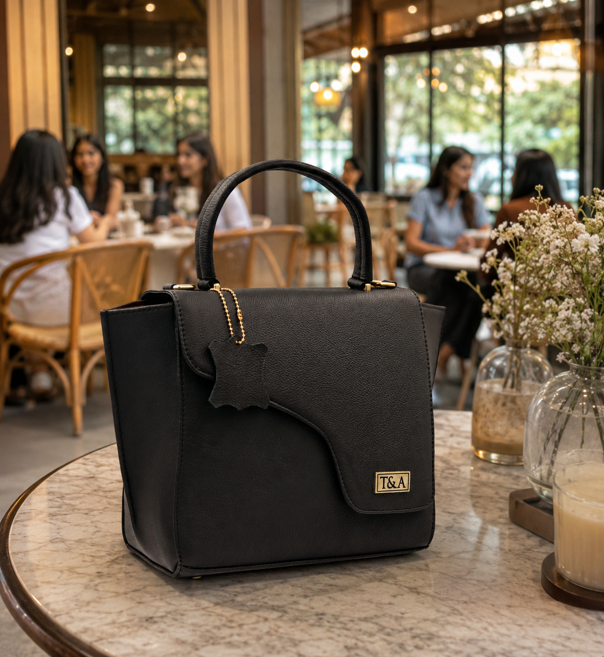 T&A Genuine Leather Top Handle Satchel | Midnight Black |
