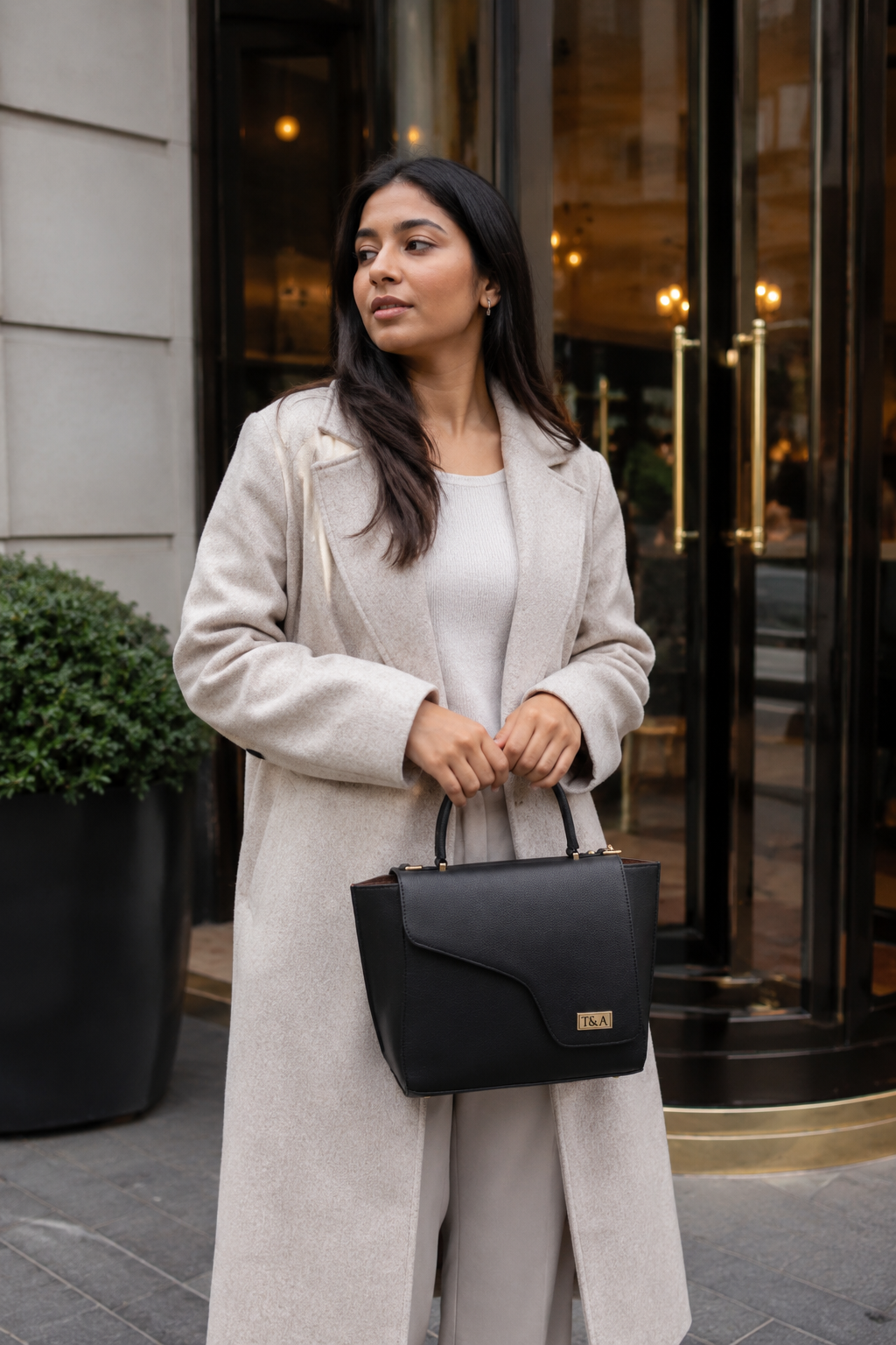 T&A Genuine Leather Top Handle Satchel | Midnight Black |