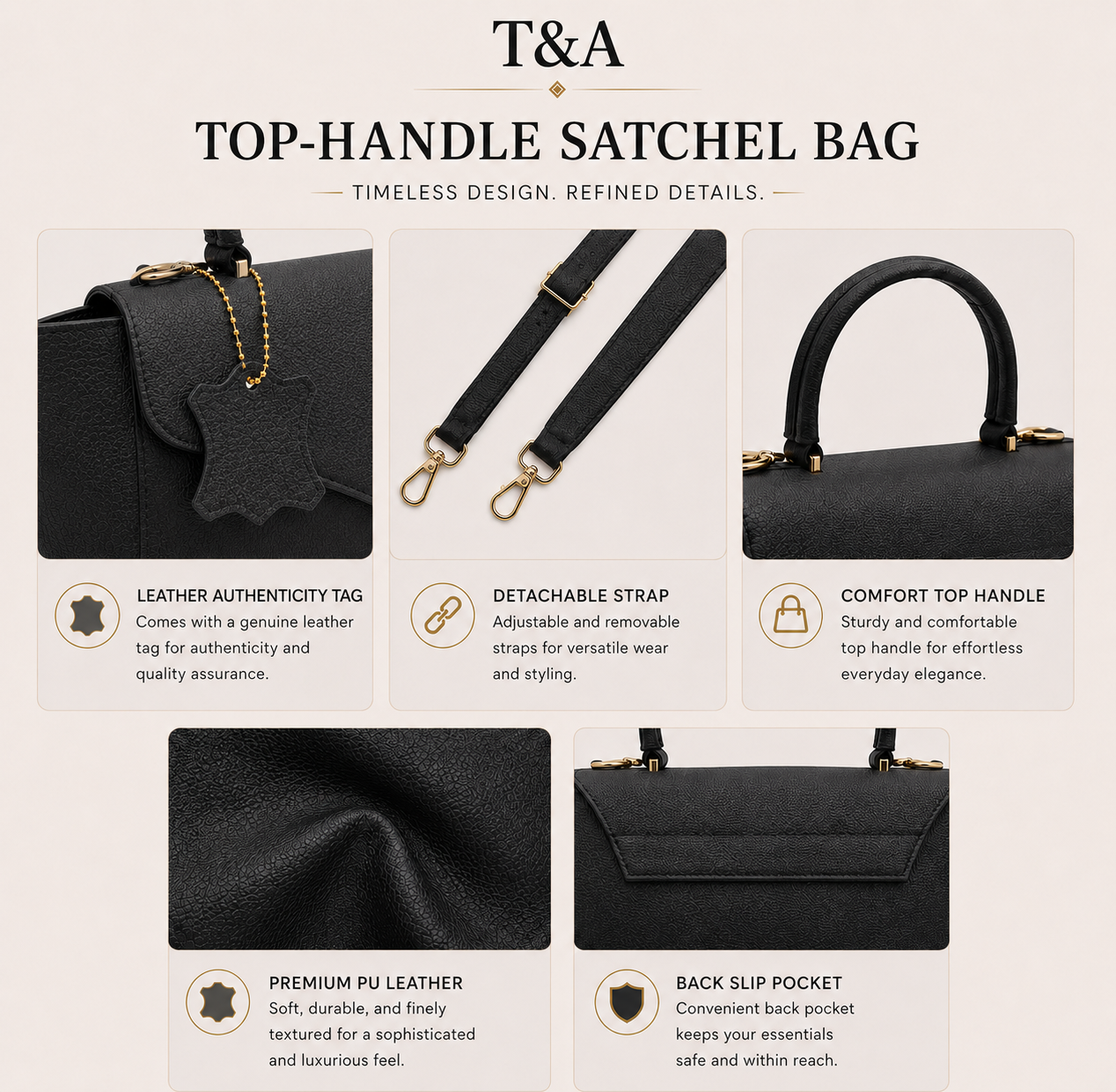 T&A Genuine Leather Top Handle Satchel | Midnight Black |