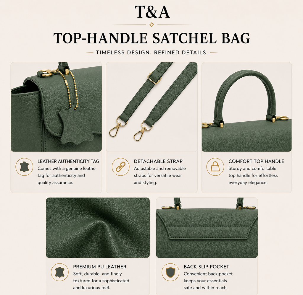 T&A Genuine Leather Top Handle Satchel | Forest Green |