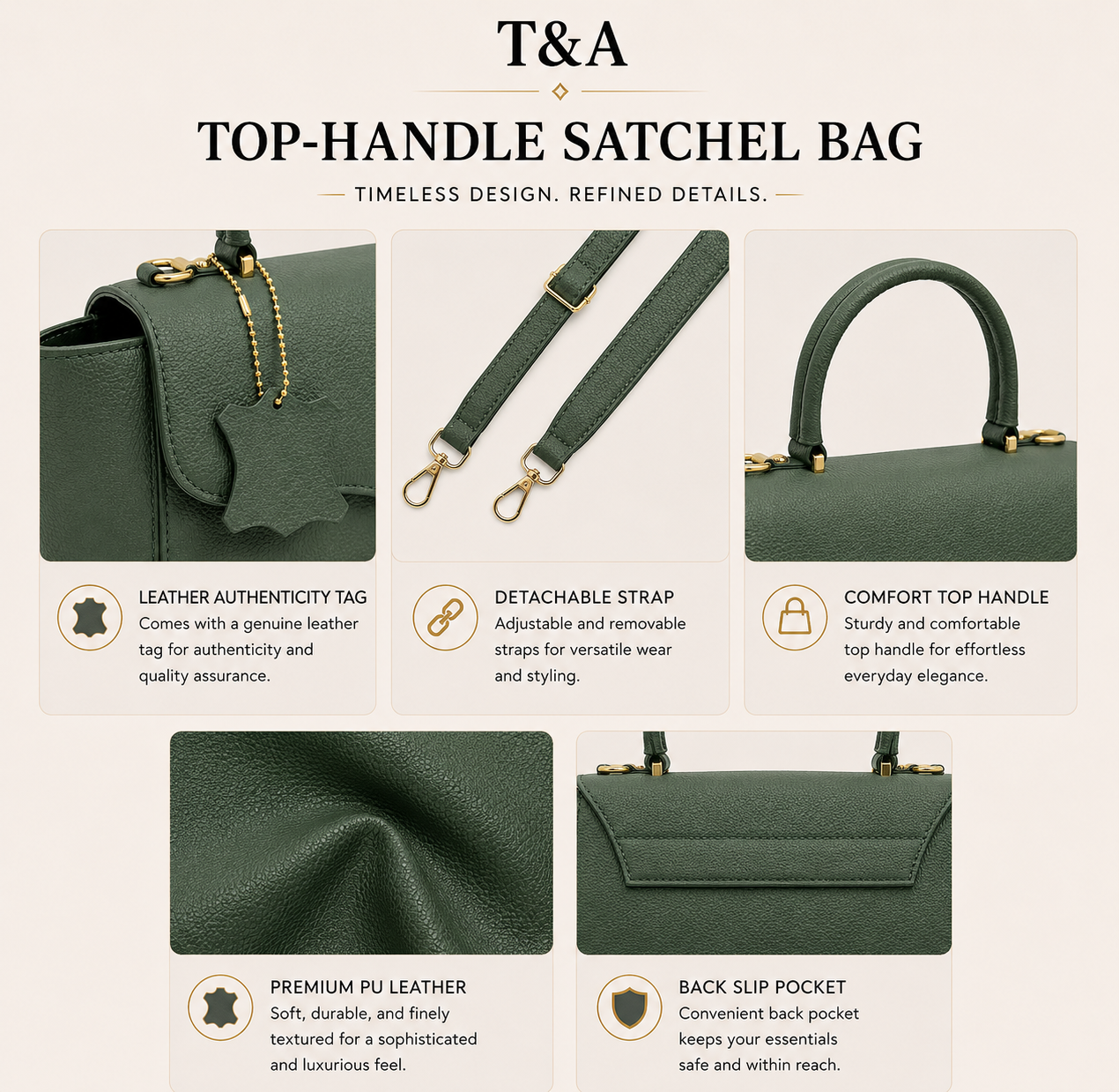 T&A Genuine Leather Top Handle Satchel | Forest Green |